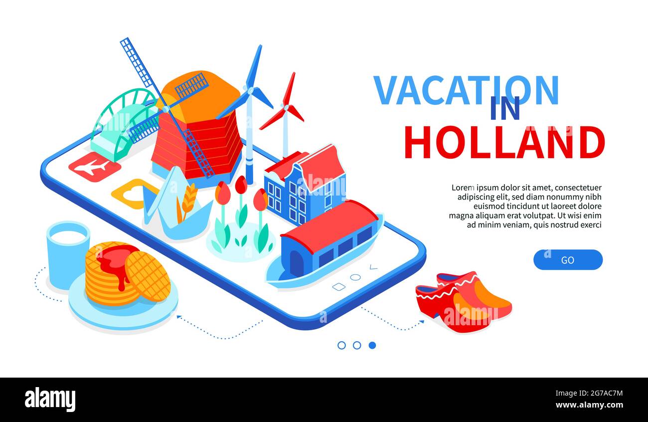 Vacation in Holland - colorful isometric web banner with copy space for text. Culture and traditions of Netherlands. Windmill, agriculture, clogs, flo Stock Vector