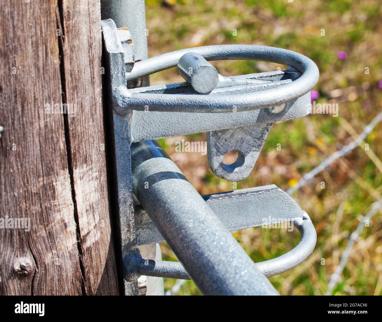 Manual locking mechanism on a pasture gate Stock Photo