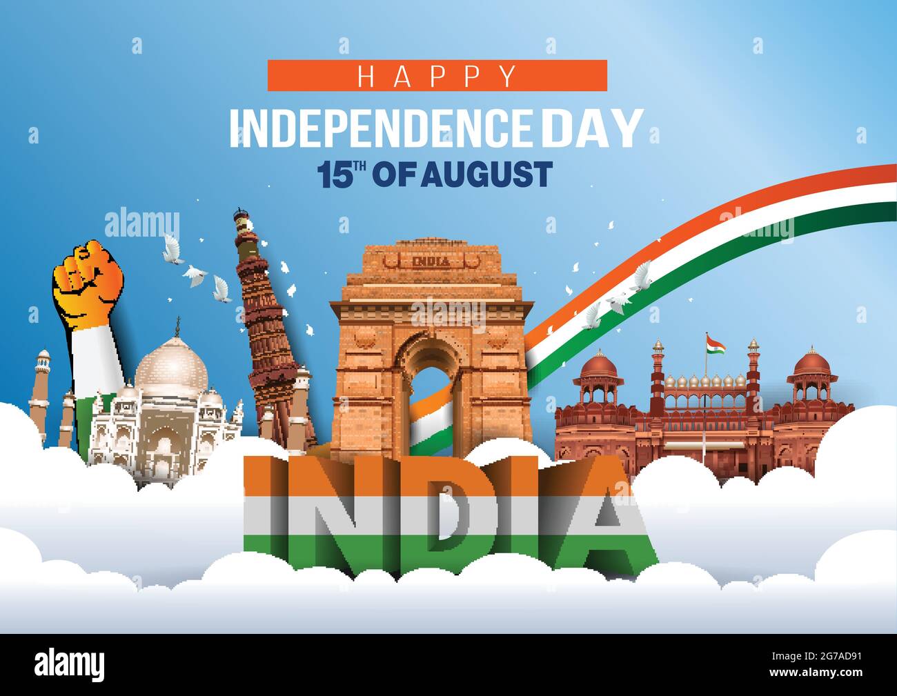 Happy Independence Day India 15th august. Indian monument and Landmark with background , poster, card, banner. vector illustration design Stock Vector