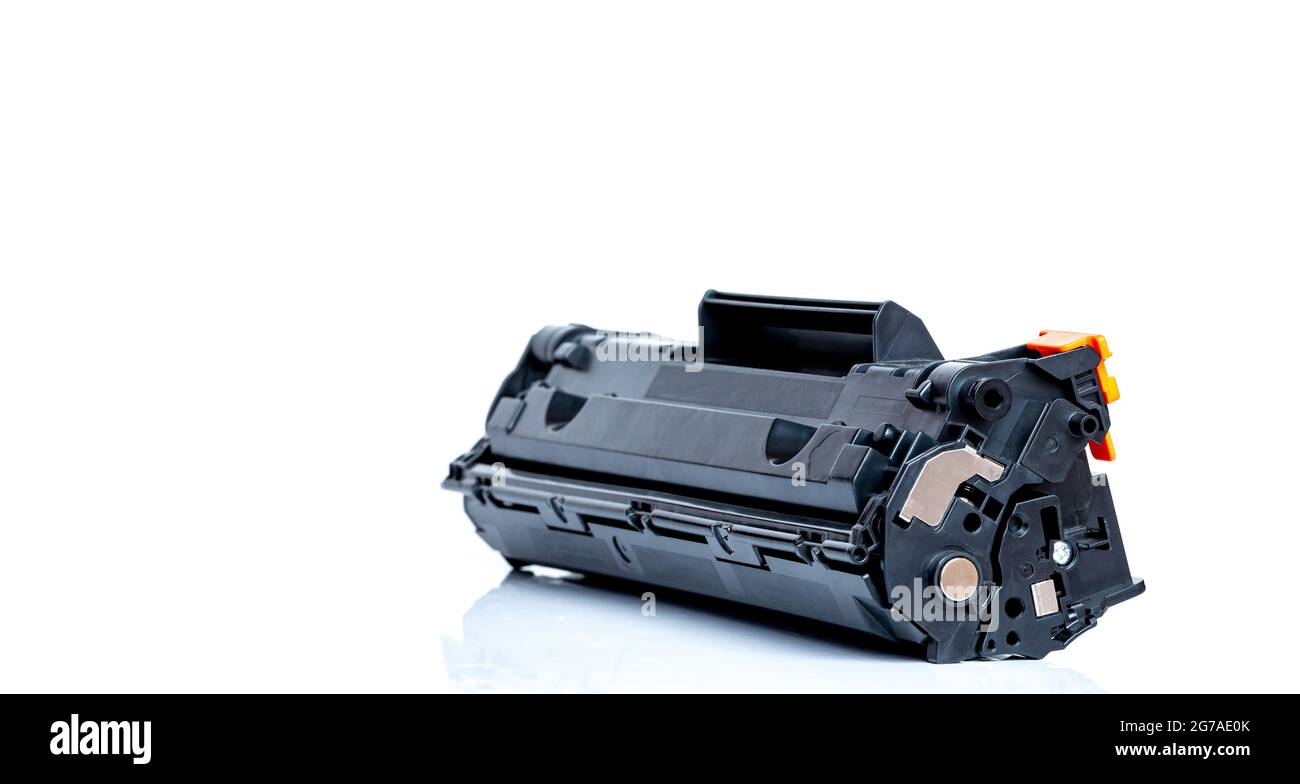 Used cartridge for laser printer isolated on white background Stock