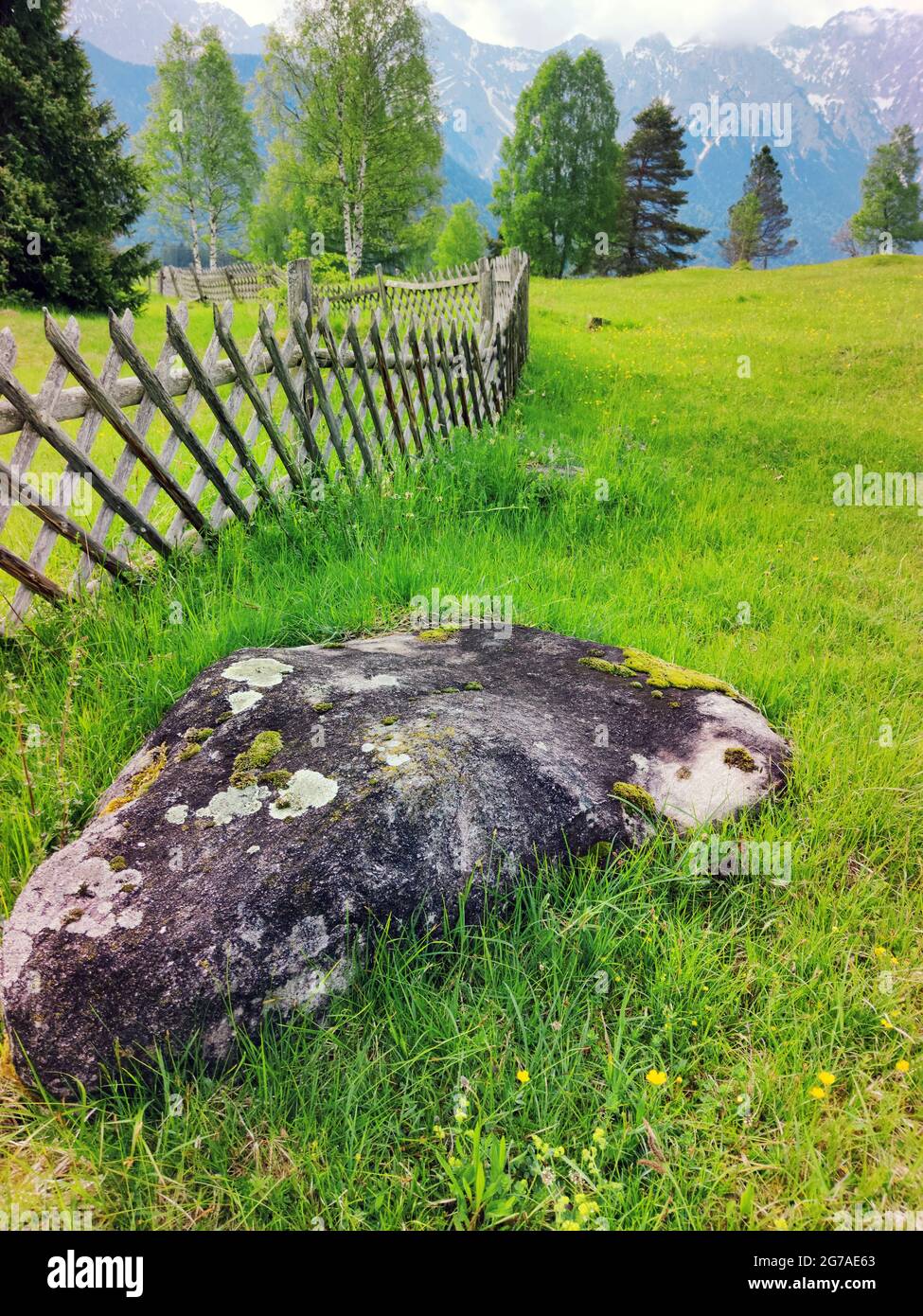 Boulder on the humpback meadows near Mittenwald Stock Photo