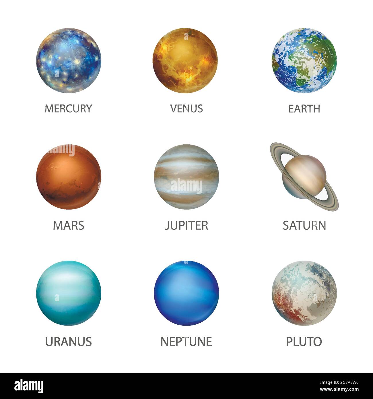 Vector 3d Realistic Space Planet Icon Set Isolated on White Background. The Planets of the Solar System. Galaxy, Astronomy, Space Exploration Concept Stock Vector