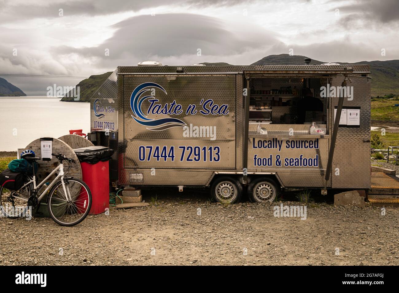 A summer 3 shot HDR image of Taste n' Sea, a roadside catering trailer on the A895 at Blowglass, Isle of Harris , Scotland. 23 June 2021 Stock Photo