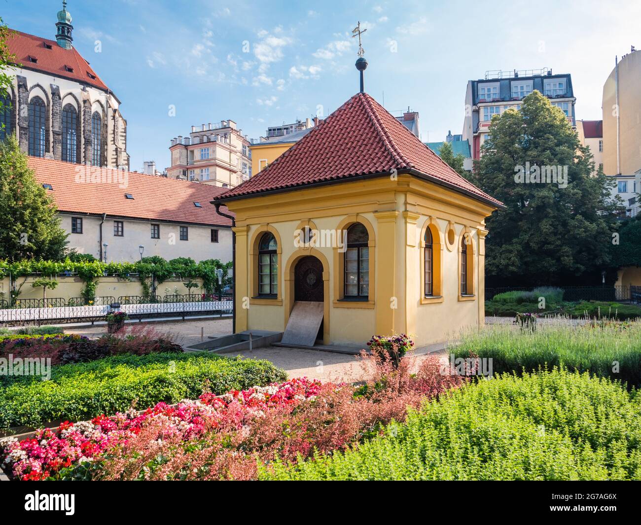 Franciscan Garden or Frantiskanska Zahrada in Prague, Czech Republic with a Yellow Pavilion and Flower Beds Stock Photo