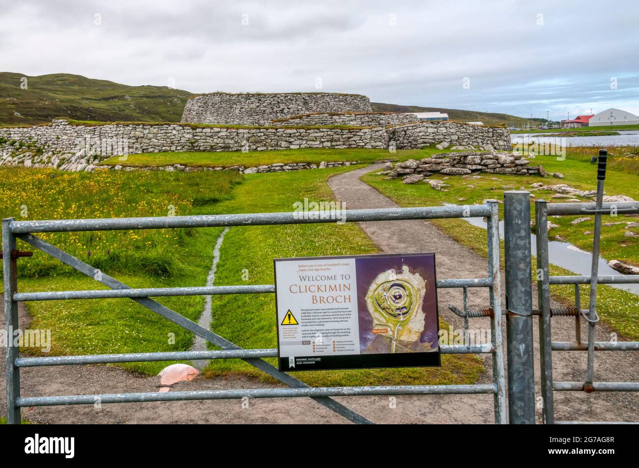 A welcome sign at the entrance to Clickimin Broch on south shore of Clickimin Loch, Lerwick, Shetland. Stock Photo