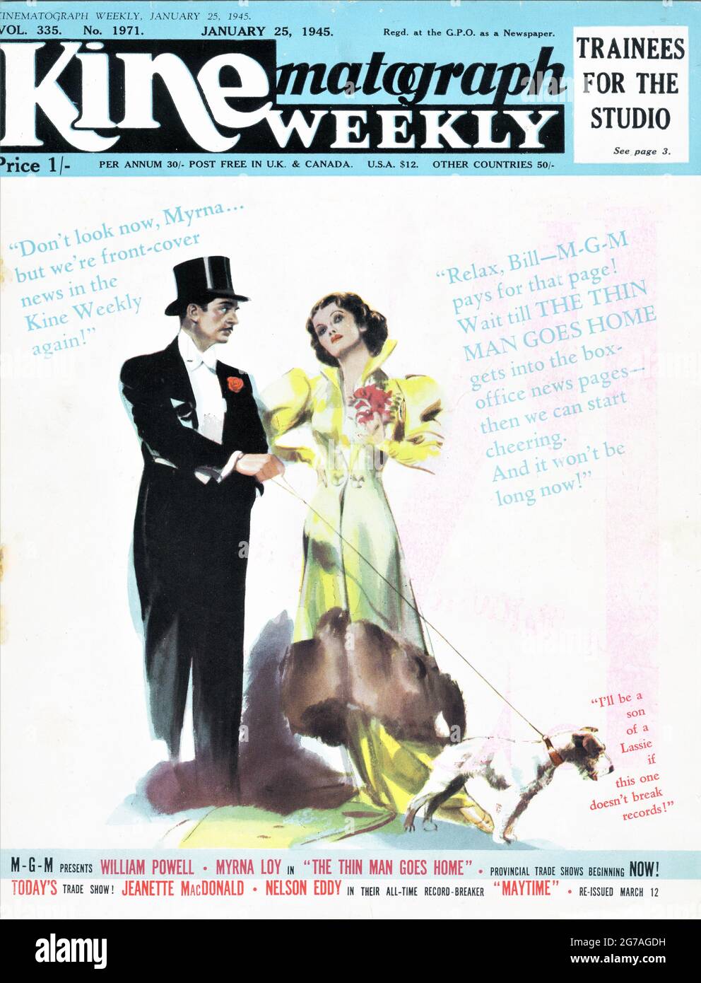 British Trade Ad for WILLIAM POWELL and MYRNA LOY as Nick and Nora Charles with ASTA the Dog in THE THIN MAN GOES HOME 1944 director RICHARD THORPE based on characters created by Dashiell Hammett original story Robert Riskin and Harry Kurnitz screenplay Robert Riskin and Dwight Taylor Metro Goldwyn Mayer Stock Photo