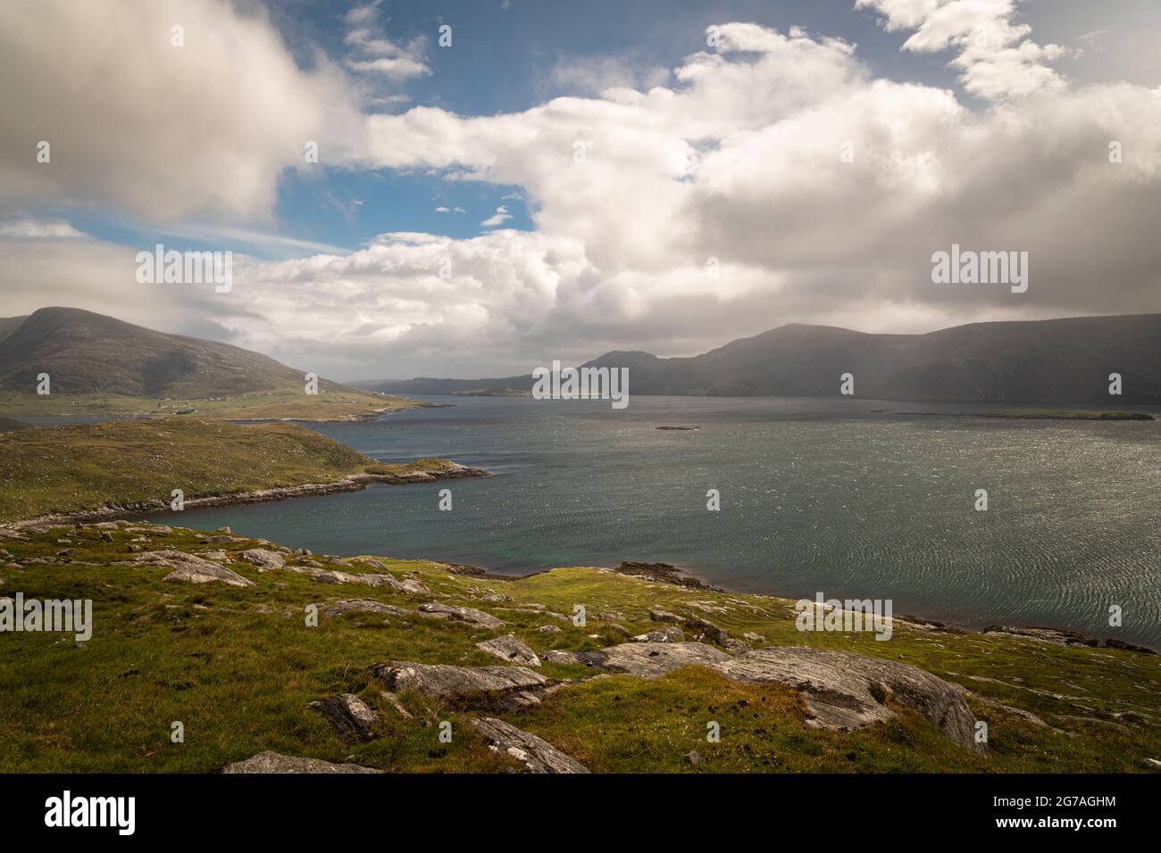 A summer 3 shot HDR image of West Loch Tarbert, Loch a Siar, from Aird am Tolmachain, Isle of Harris, Western Isles, Scotland. 24 June 2021 Stock Photo
