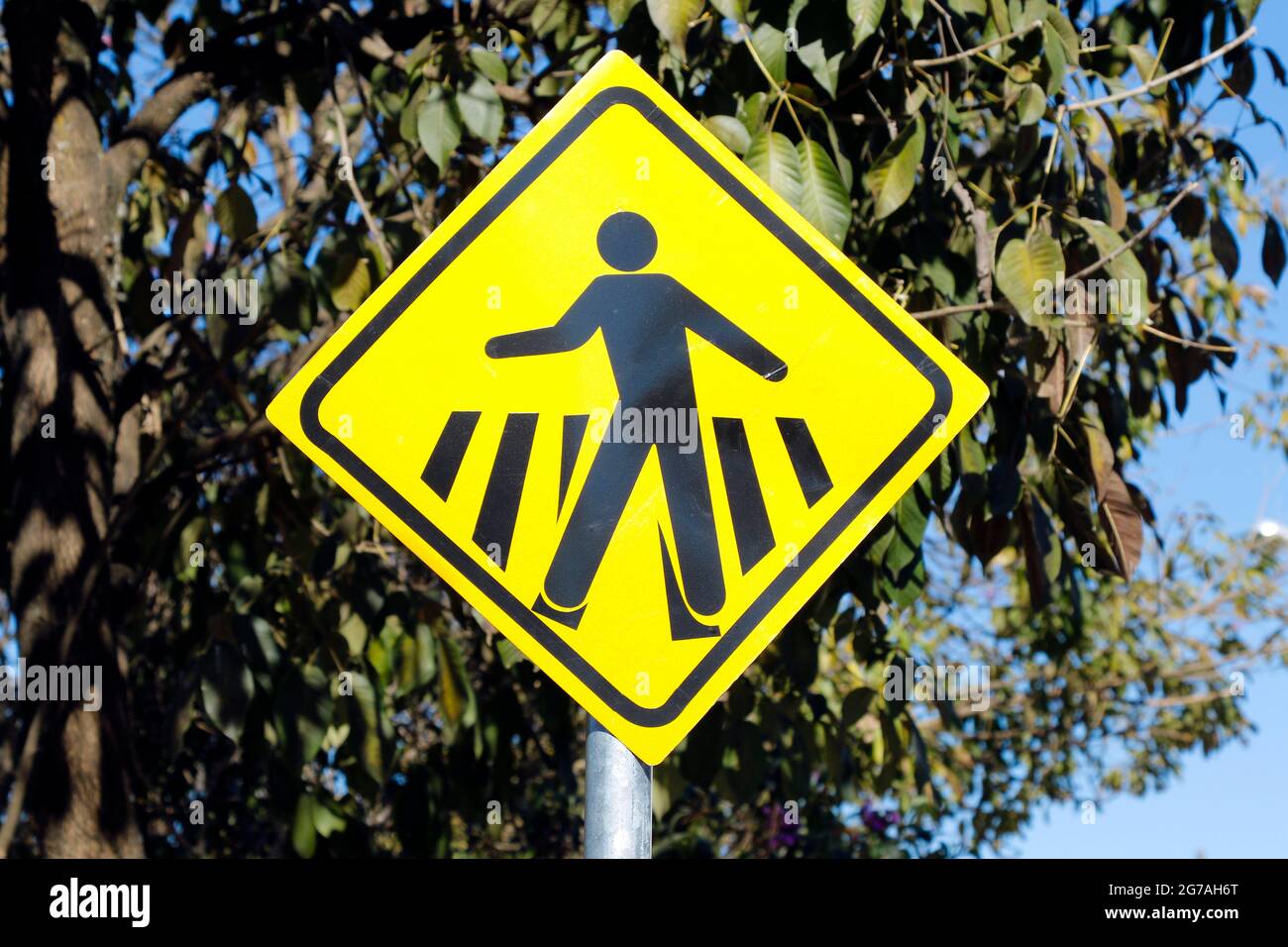 pedestrian crossing - yellow traffic sign signaling crosswalk Stock Photo
