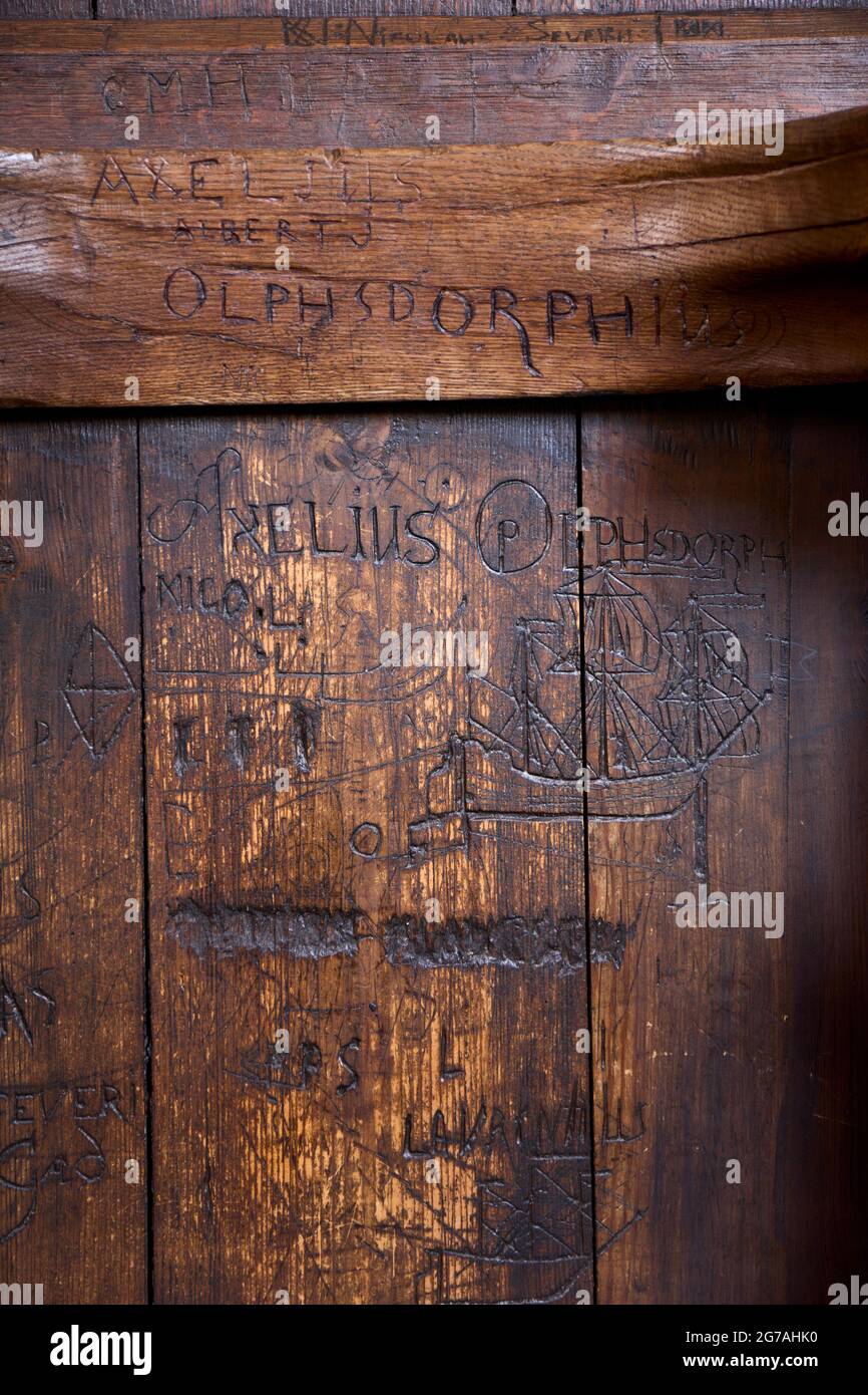 Europe, Denmark, North Jutland, Sæby. The old choir stalls in Sæby Kirke, used as a Latin school and carved by students. Stock Photo