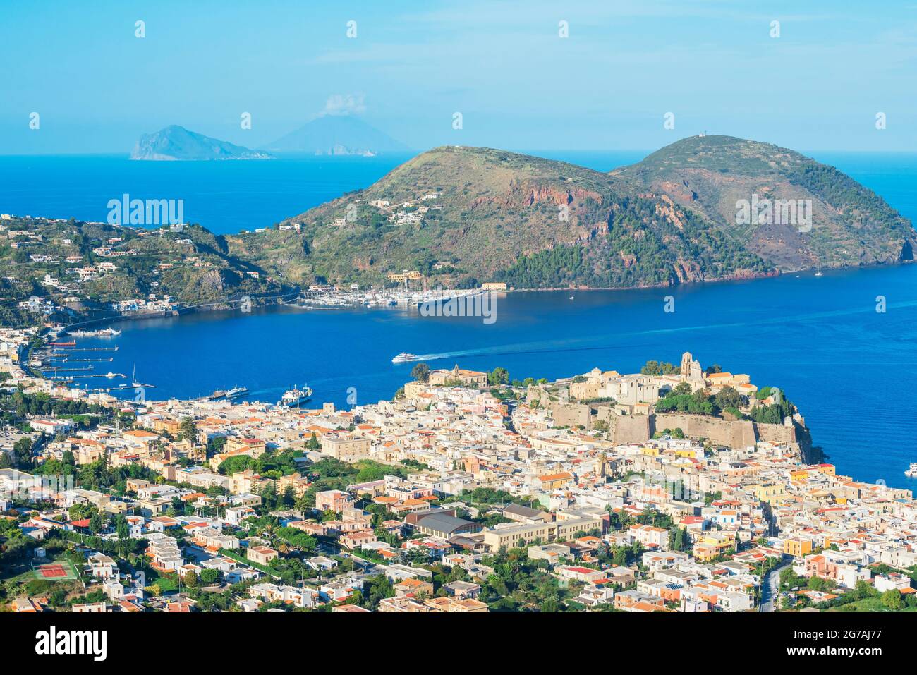 Lipari Town, elevated view, Lipari Island, Aeolian Islands Sicily, Italy Stock Photo