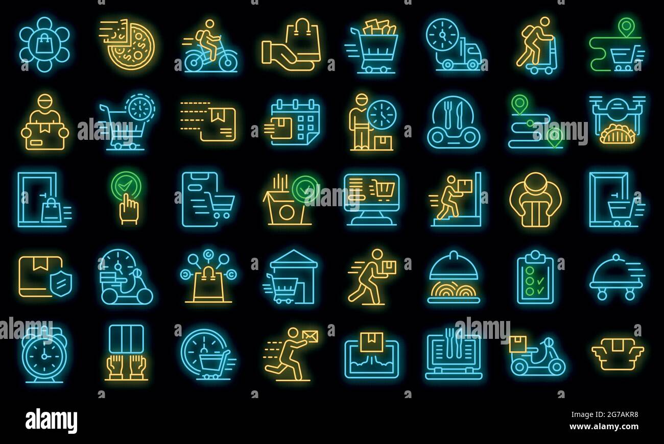 Home delivery icons set. Outline set of home delivery vector icons neon ...