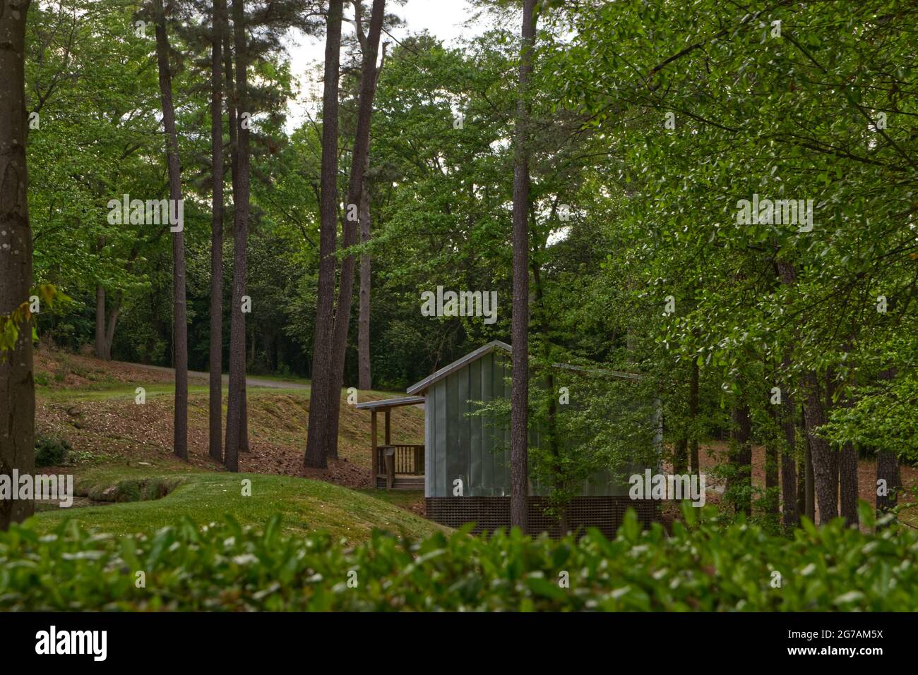 A camping vintage cabin in the forest distant view and country road in rural Georgia Stock Photo