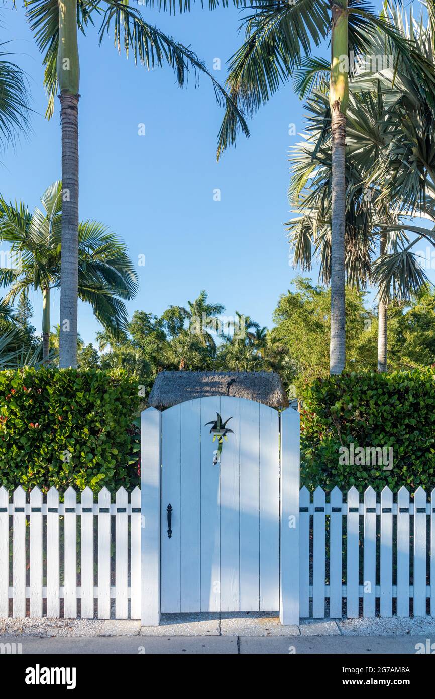 Picket fence and wood gate with palm tree cutout, Naples, Florida, USA Stock Photo