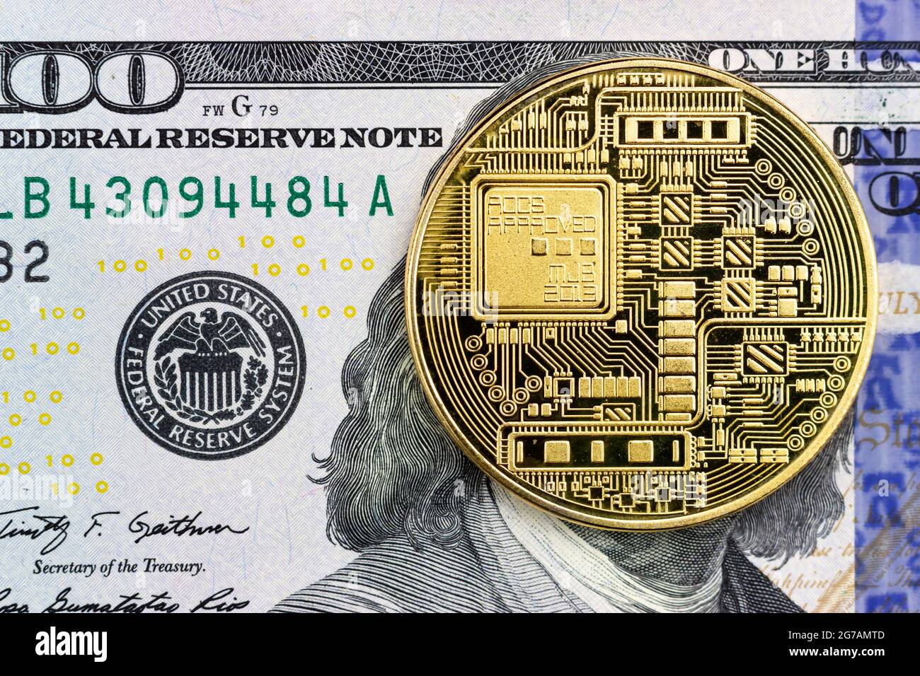 Gold bitcoin coin on a dollar bill. Blockchain technology. Cryptocurrency  Stock Photo - Alamy