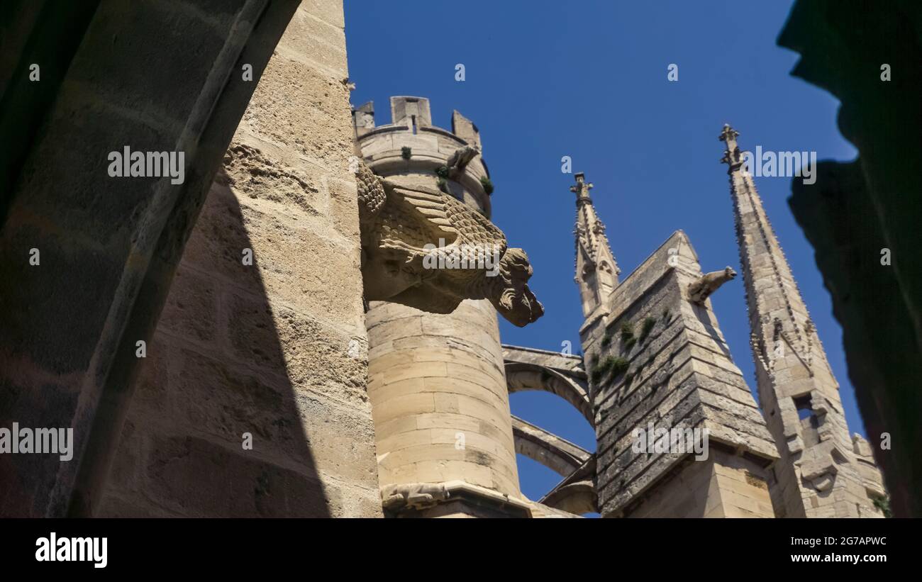Gargoyles in the Saint Just et Saint Pasteur cathedral in Narbonne. Gothic cathedral, construction started in 1272. Monument historique Stock Photo