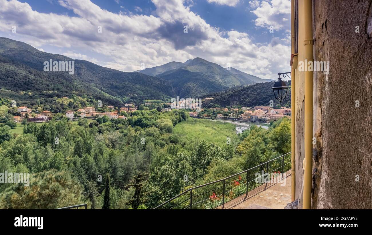 View from Palalda to Amélie les Bains in spring. Stock Photo