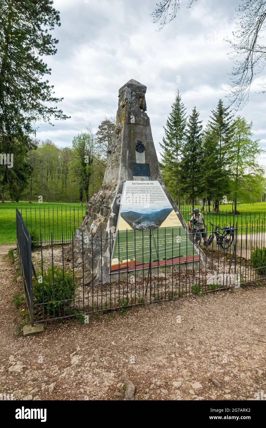 The geological pyramid is on the site in front of Lichtenstein Castle. On the initiative of Duke Wilhelm II von Urach, the pyramid was built in 1903 and inaugurated on July 22nd with a small festival. Stock Photo