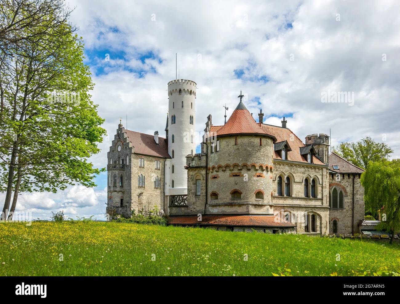 Lichtenstein Castle on the Swabian Alb near Honau in the Reutlingen district. The builder was Wilhelm Graf von Württemberg (later Duke of Urach), a cousin of the king. In the picture, in the back the main castle and tower, in the front Mathilde tower Stock Photo