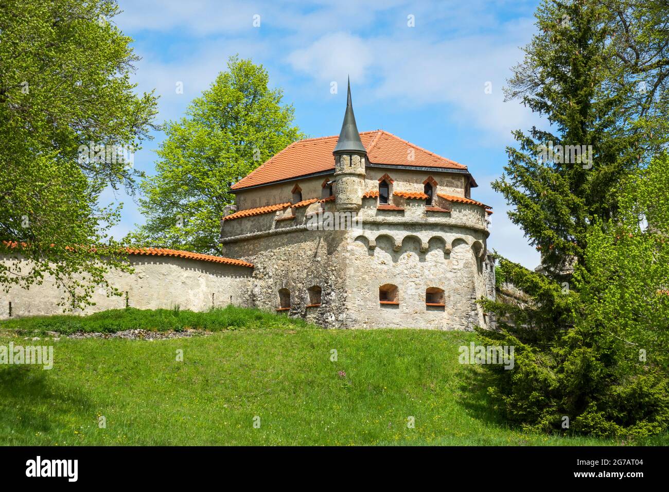 Lichtenstein Castle on the Swabian Alb near Honau in the Reutlingen district. The builder was Wilhelm Graf von Württemberg (later Duke of Urach), a cousin of the king. In the picture, the Marien-Bastion Stock Photo