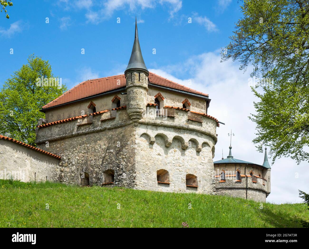 Lichtenstein Castle on the Swabian Alb near Honau in the Reutlingen district. The builder was Wilhelm Graf von Württemberg (later Duke of Urach), a cousin of the king. In the picture, the Marien-Bastion, behind it the Augusten-Bastion Stock Photo