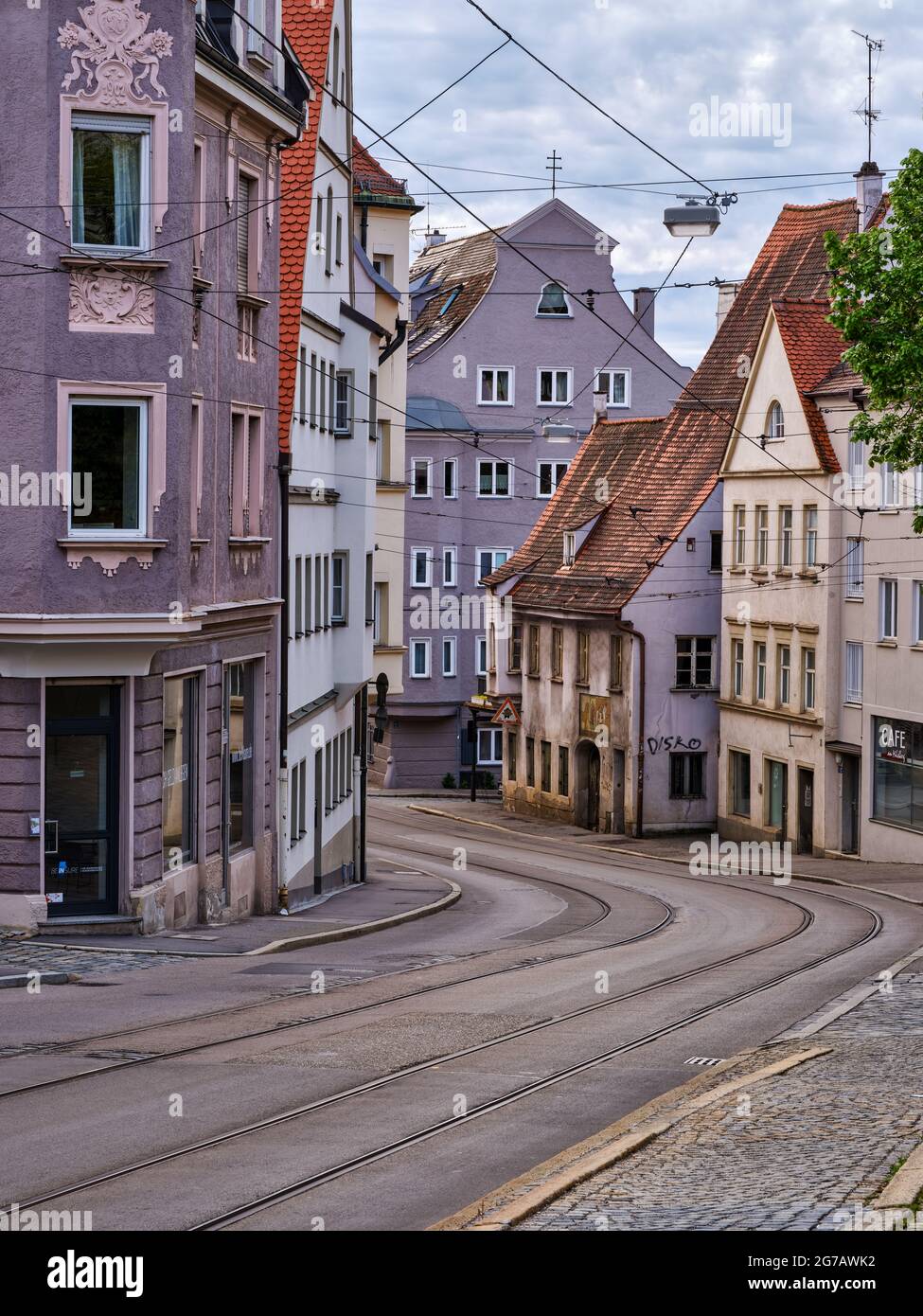 Square, houses, old town, ensemble, old forge, tram rails, street, bay window, historic house facade, house facade Stock Photo