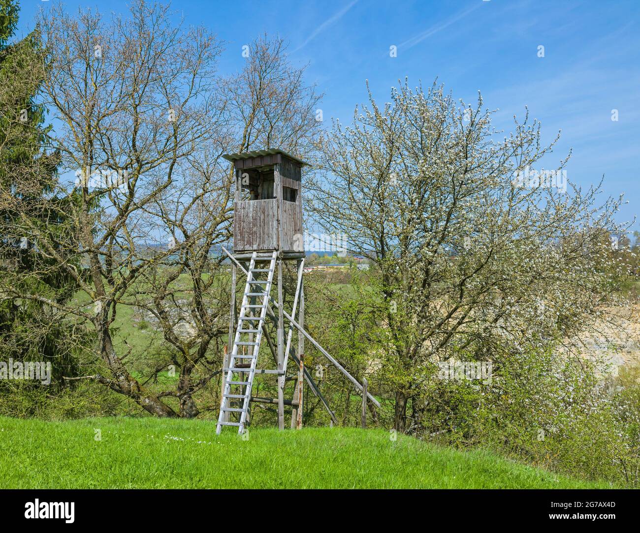 Germany, Baden-Wuerttemberg, Ammerbuch - Reusten, hunting equipment, raised hide with pulpit on a meadow. Stock Photo