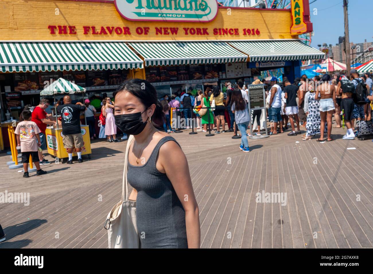 Nathan’s Famous on the boardwalk in Coney Island in Brooklyn in New York over the long Independence Day weekend, Monday, July 5, 2021.  (© Richard B. Levine) Stock Photo