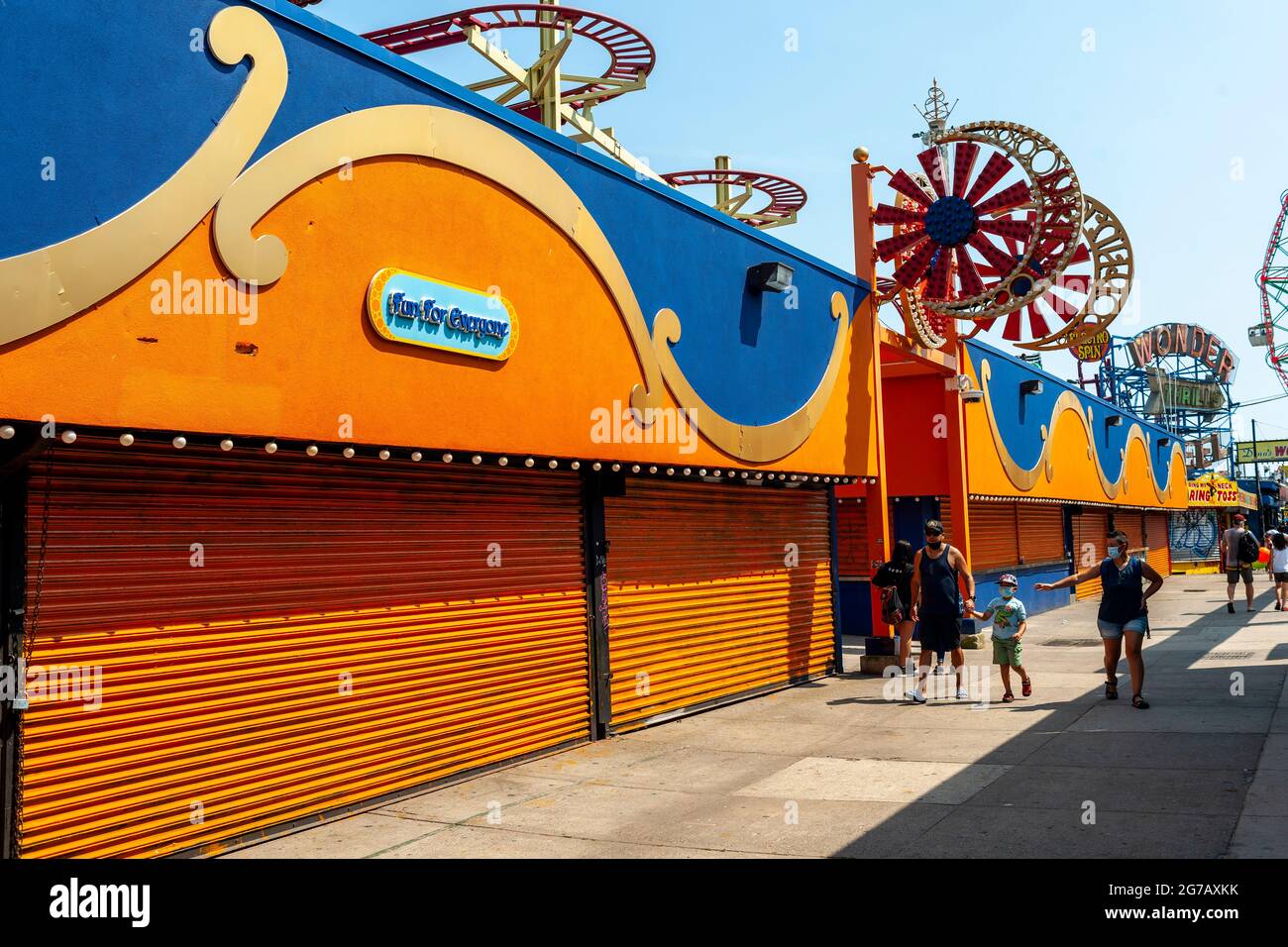 Closed businesses on Jones Walk in Coney Island in Brooklyn in New York over the long Independence Day weekend, Monday, July 5, 2021. (© Richard B. Levine) Stock Photo