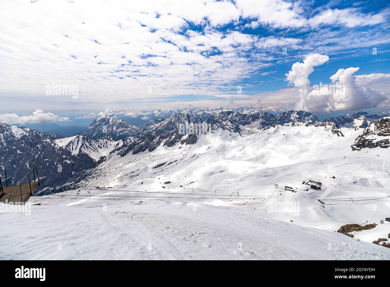 View from Zugspitz summit on glacier and mountain landscape in the snow, Grainau, Upper Bavaria, Germany Stock Photo