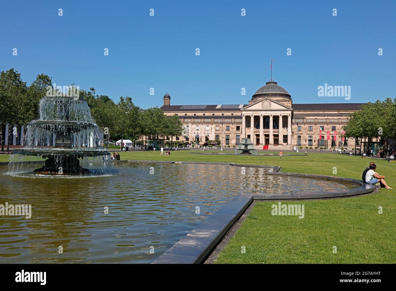 Kurhaus, casino, fountain, state capital Wiesbaden, Hesse, Germany Stock Photo