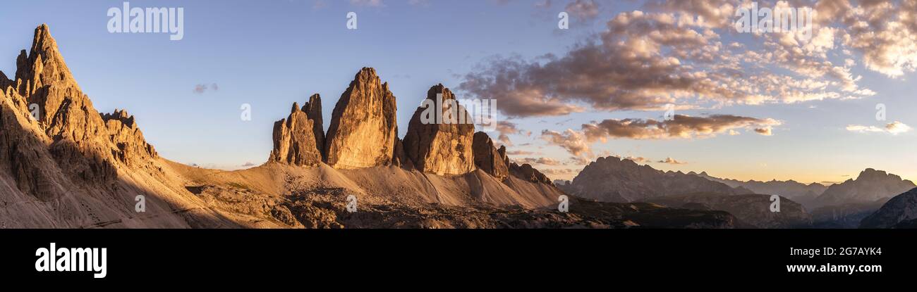 Drei Zinnen Panorama, Drei Zinnen, South Tyrol, Italy Stock Photo