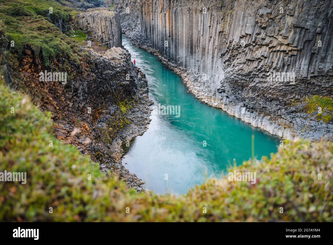 Man hiker in red jacket visit Studlagil basalt canyon, with rare volcanic basalt column formations, Iceland. Stock Photo