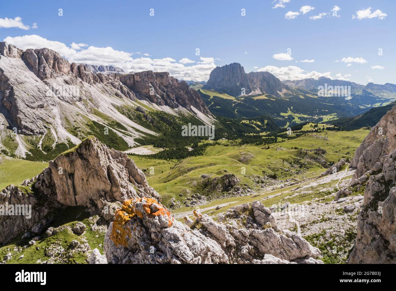 Col Raiser with a view of the Sassolungo, Val Gardena, Italy Stock ...