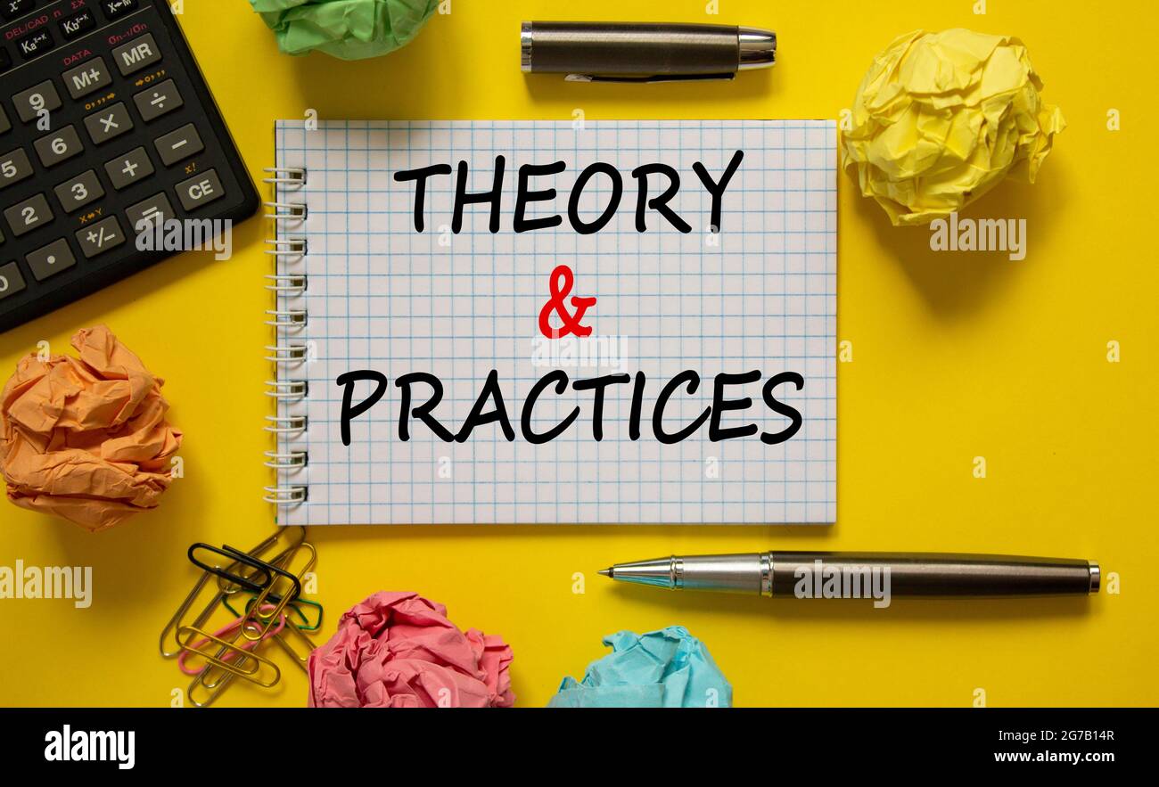 Theory and practice symbol. White note, words 'Theory and practice' on ...