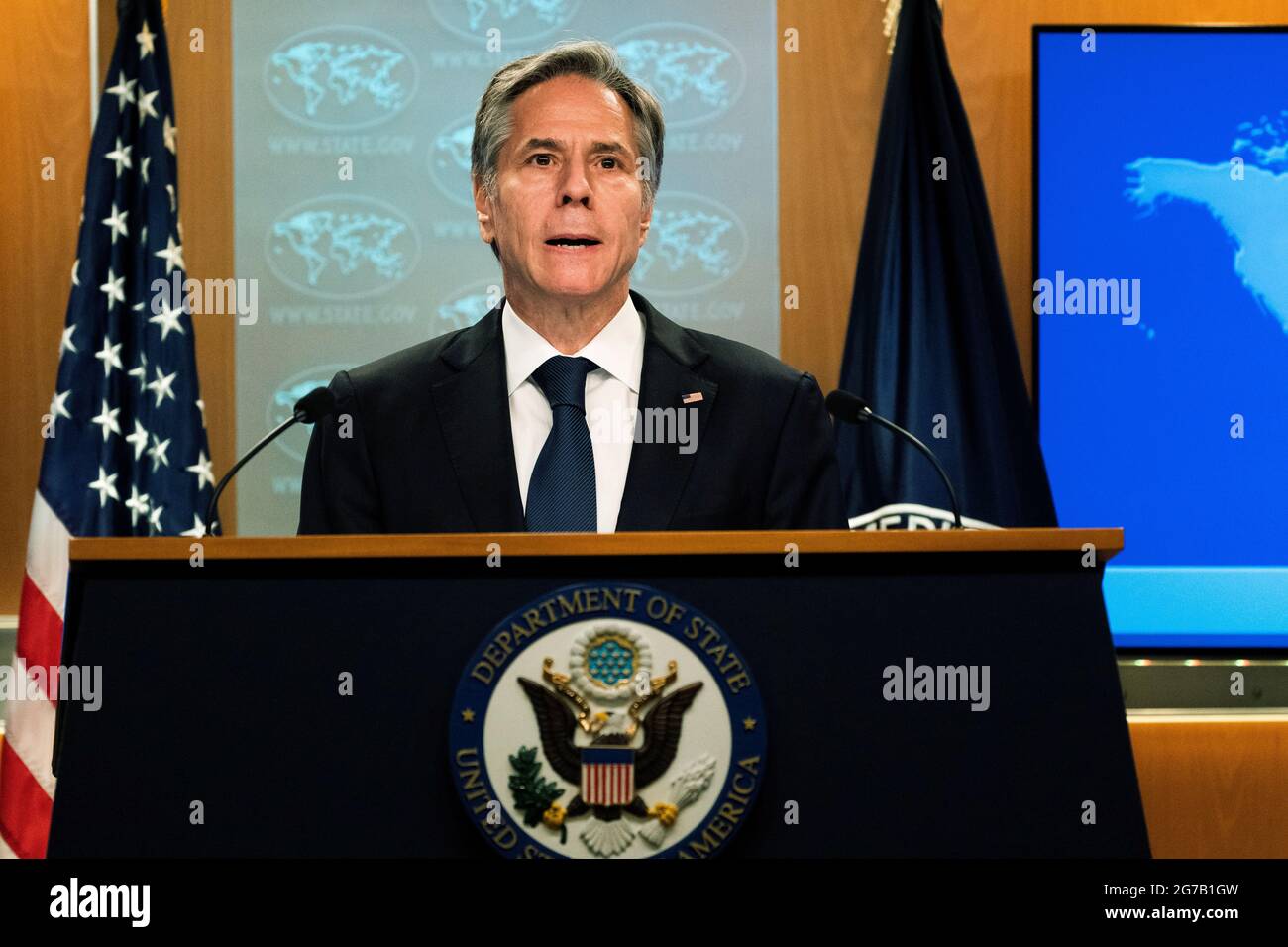 U.S. Secretary of State Antony Blinken speaks about the release of the 2021 Congressional Report Pursuant to the Elie Wiesel Genocide and Atrocities Prevention Act at the Department of State in Washington, U.S., July 12, 2021. Manuel Balce Ceneta/Pool via REUTERS Stock Photo