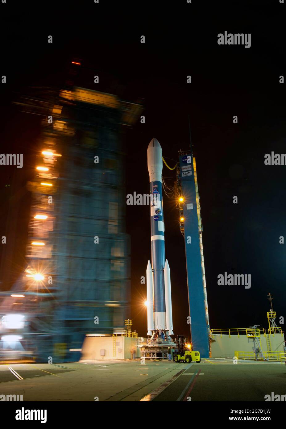 Aquarius SAC-D Launch. The Delta II rocket with it's Aquarius/SAC-D spacecraft payload is seen as the service structure is rolled back. 9 June 2011, Vandenberg Air Force Base, California.  The joint U.S./Argentinian Aquarius/Satélite de Aplicaciones Cient’ficas (SAC)-D mission will map the salinity at the ocean surface, information critical to improving our understanding of two major components of Earth's climate system: the water cycle and ocean circulation.  A unique, optimised and digitally enhanced version of an NASA image by senior NASA photographer Bill Ingalis / credit NASA Stock Photo