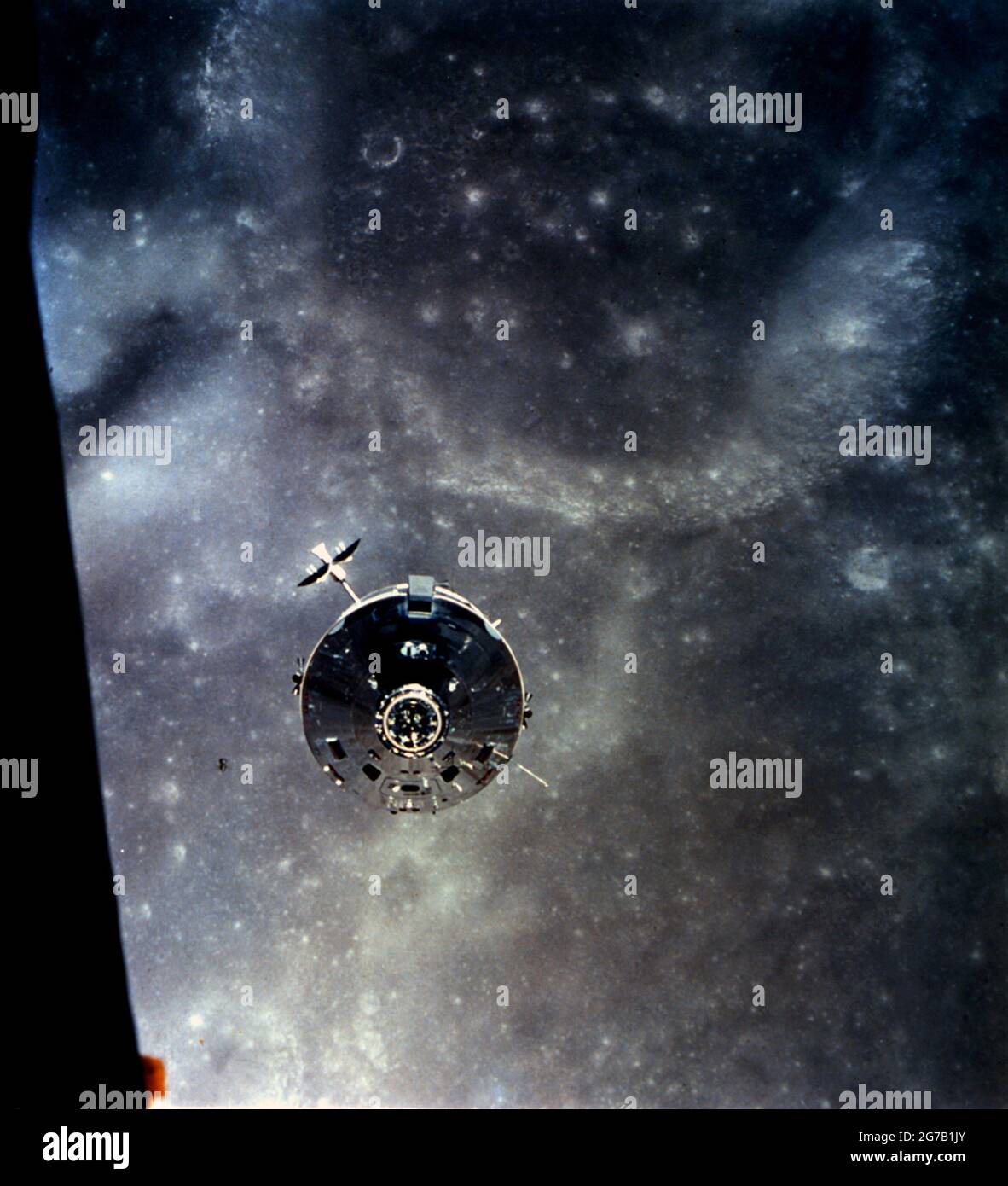 Apollo 16 Command and Service Module Over the Moon. In this image, the Apollo 16 Command and Service Module (CSM) 'Casper' approaches the Lunar Module (LM). The two spacecraft were about to make their final rendezvous of the mission, on 23 April 1972. Astronauts John W. Young and Charles M. Duke Jr., aboard the LM, were returning to the CSM in lunar orbit after three successful days on the lunar surface. Astronaut Thomas K. Mattingly II was in the CSM.  A unique optimised and enhanced version of an NASA image / credit NASA Stock Photo