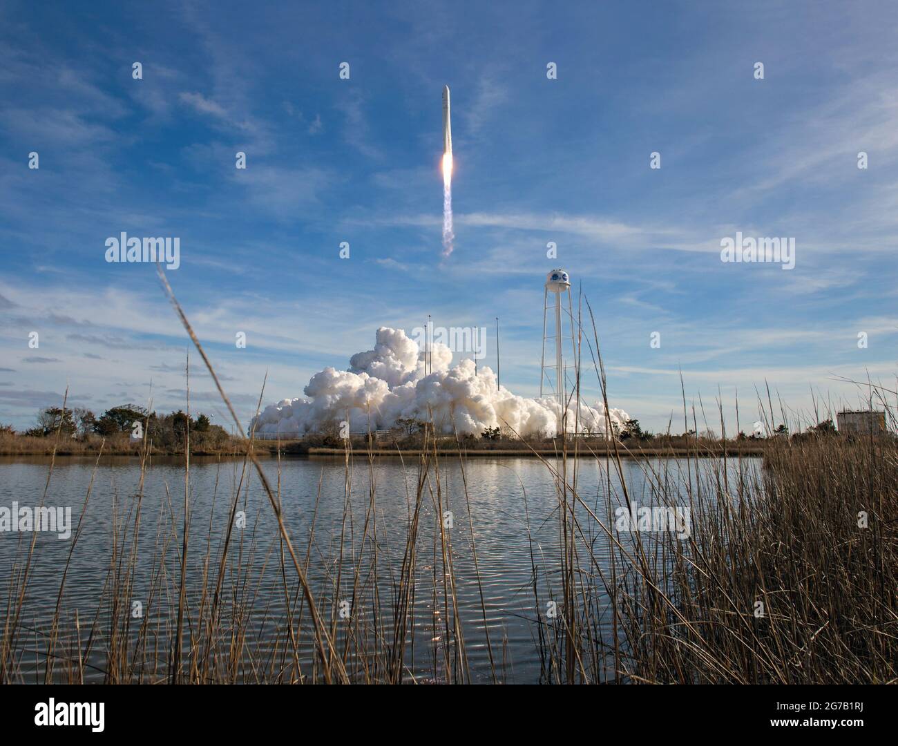 The Northrop Grumman Antares rocket, with Cygnus resupply spacecraft onboard, launches from NASA's Wallops Flight Facility in Virginia. 15 Feb 2020. A resupply mission for the International Space Station, delivering about 7,500 pounds of science and research, crew supplies and vehicle hardware. A unique, optimised and digitally enhanced version of an NASA image by A Gemignani / credit NASA Stock Photo