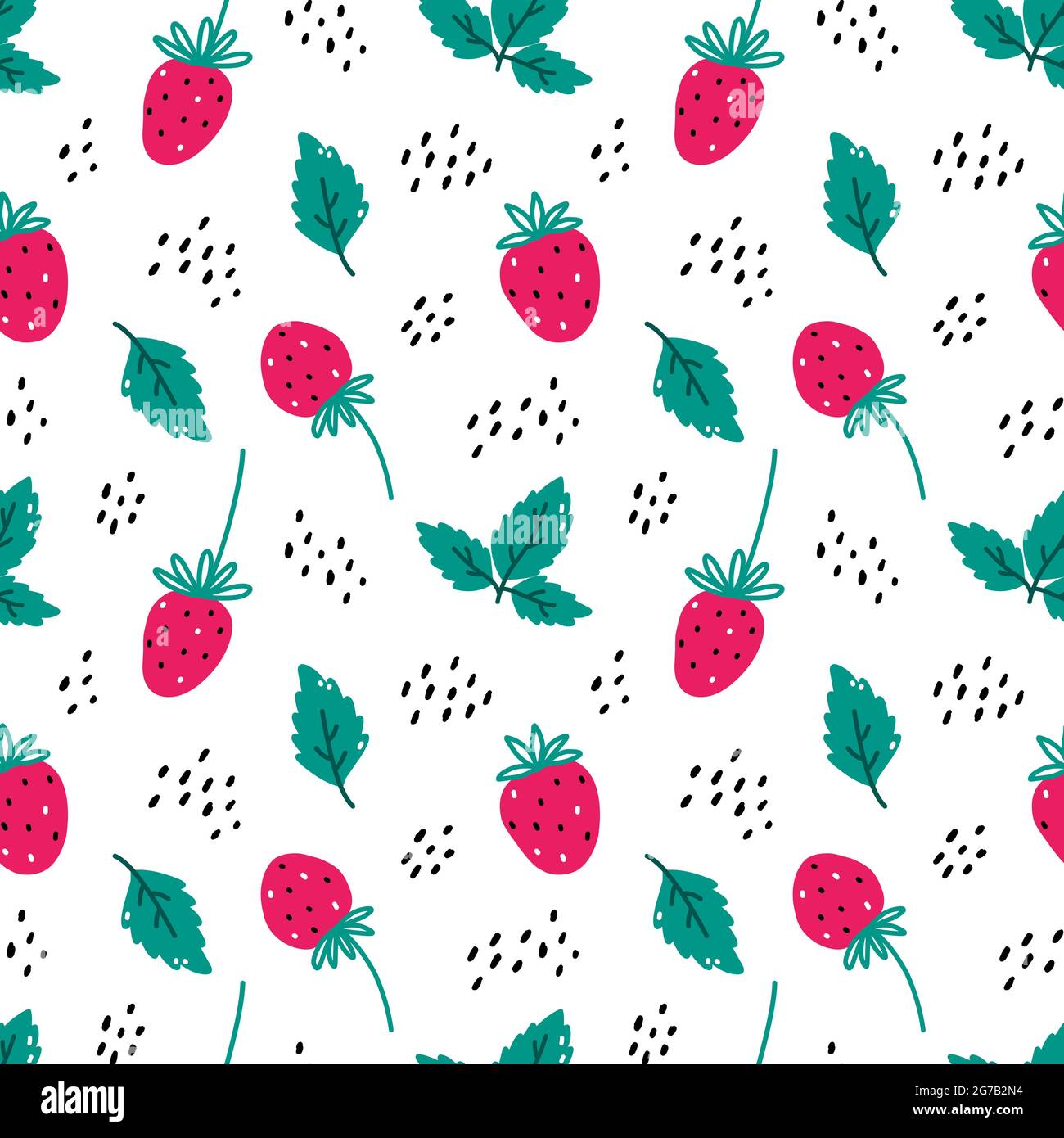 Cute seamless pattern with strawberry and leaves on white background. Vector hand-drawn illustration in cartoon style. Perfect for wrapping paper, textile, print, fabric. Stock Vector