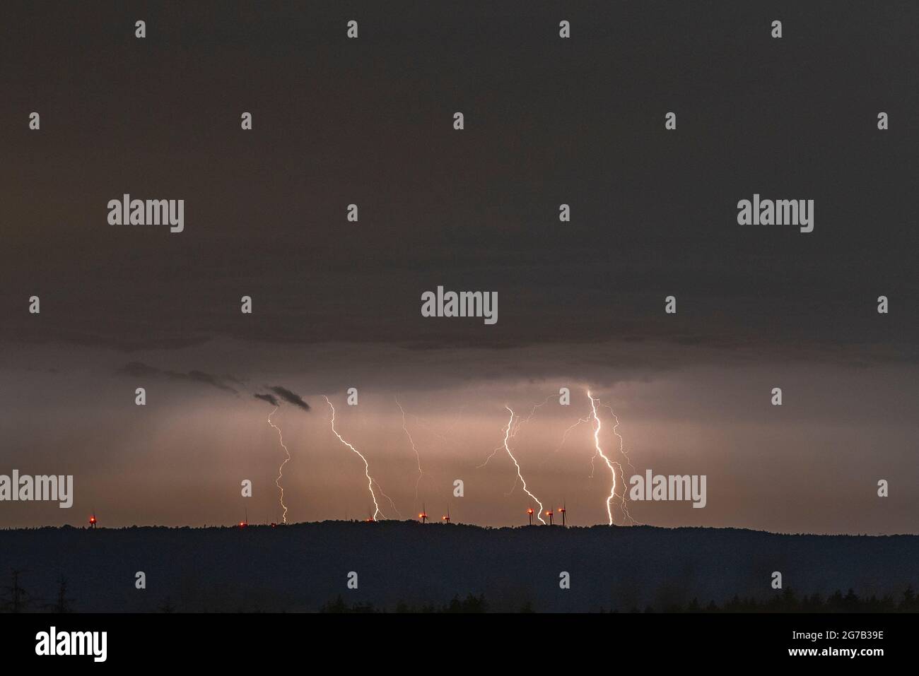 Thunderstorm with lightning strikes in Thuringia. Stock Photo