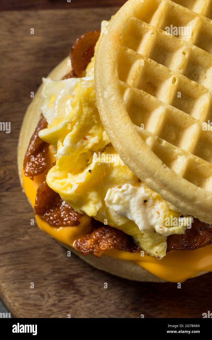 Homemade Healthy Waffle Breakfast Egg Sandwich wtih Bacon and Cheese Stock Photo Alamy