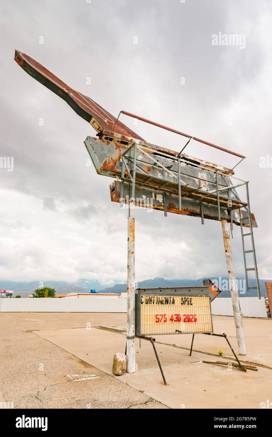 old faded rocket sign at junkyard in Alamogordo, New Mexico, United States Stock Photo