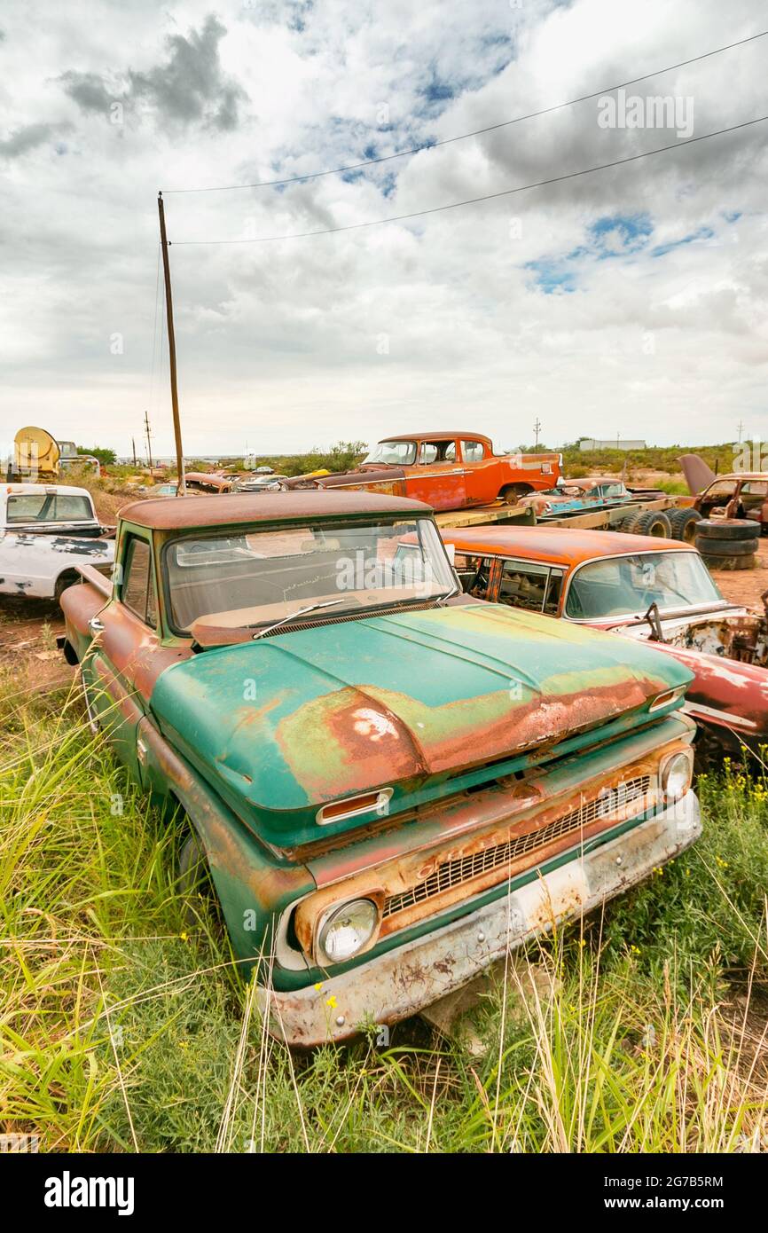 junkyard of old rusty American cars at Salvage yard Alamogordo, New