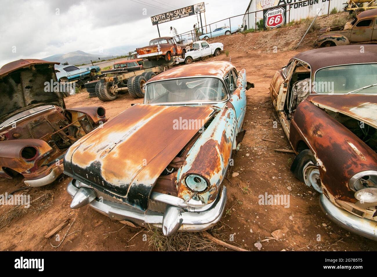 junkyard of old rusty American cars at Salvage yard Alamogordo, New