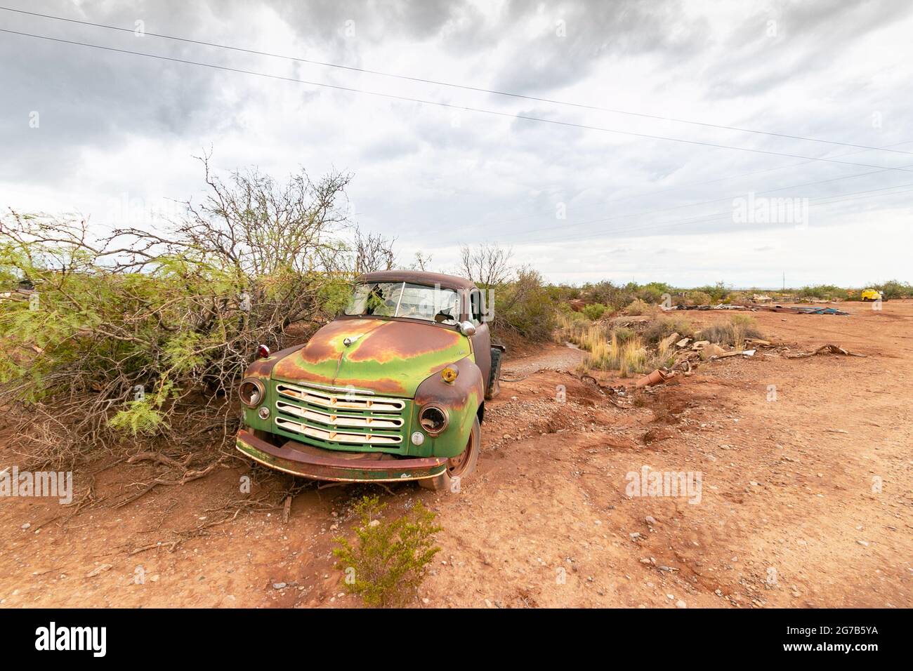 old rusty American truck in desert at Salvage yard in Alamogordo, New
