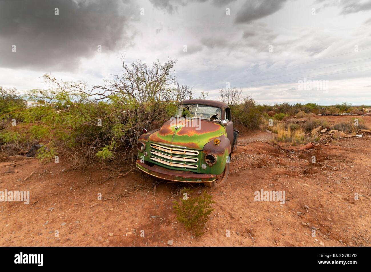 old rusty American truck in desert at Salvage yard in Alamogordo, New