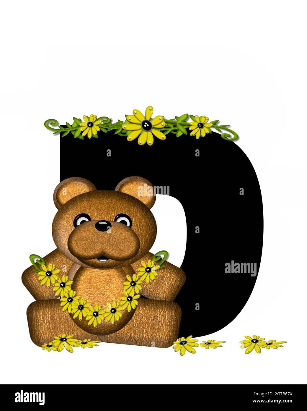 The letter D, in the alphabet set 'Teddy Making Daisy Chain,' is black.  Teddy bear gathers daisies to make yellow daisy chains. Stock Photo