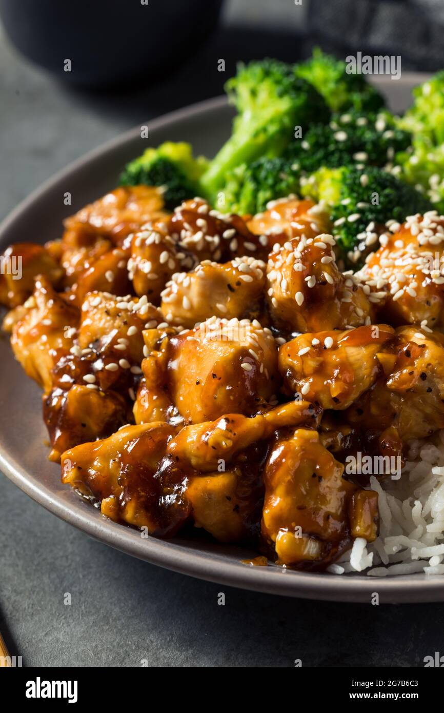Healthy Asian Teriyaki Chicken with Rice and Broccoli Stock Photo