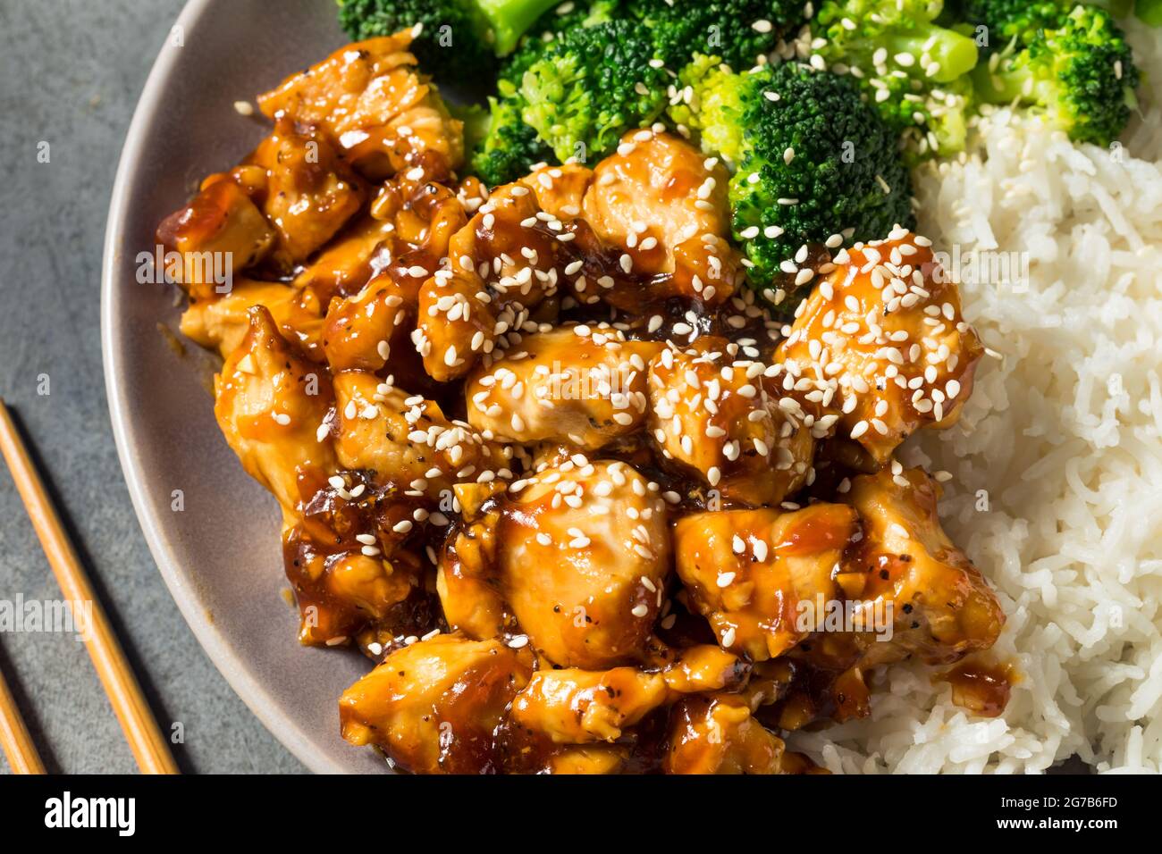 Healthy Asian Teriyaki Chicken with Rice and Broccoli Stock Photo