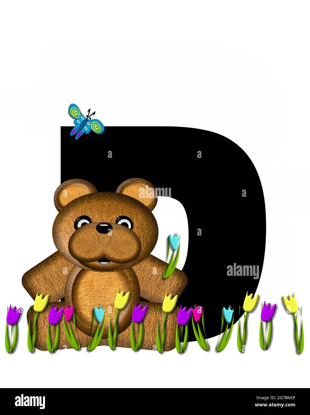 The letter D, in the alphabet set 'Teddy Picking Flowers,' is black.  Teddy bear picks tulips and butterfly flutters overhead. Stock Photo